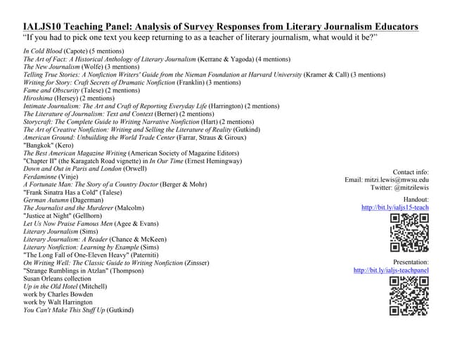 IALJS10 Teaching Panel: Analysis of Survey Responses from Literary Journalism...