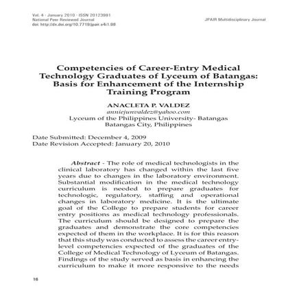 Competencies of Career-Entry Medical  Technology Graduates of Lyceum of Batan...