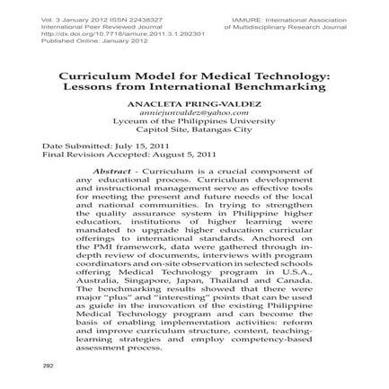 Curriculum Model for Medical Technology:  Lessons from International Benchmar...