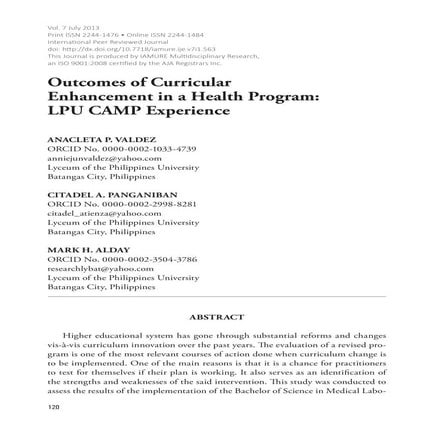Outcomes of Curricular  Enhancement in a Health Program:   LPU CAMP Experience 