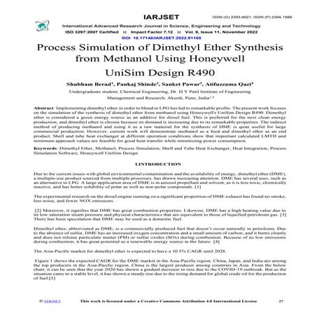 Process Simulation of Dimethyl Ether Synthesis from Methanol Using ...