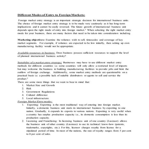 Modes of entry into foreign market