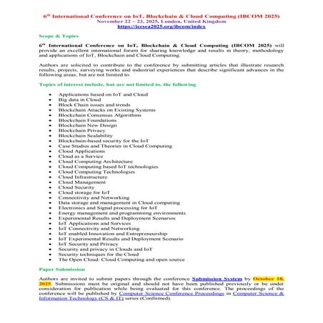 SUBMIT YOUR PAPERS-6th International Conference on IoT, Blockchain & Cloud Co...