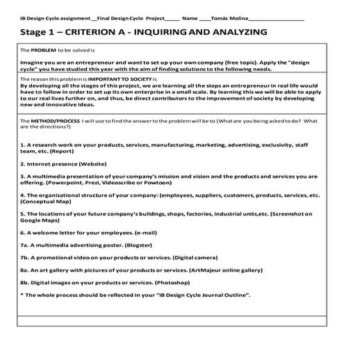 Ib design cycle journal outline final project