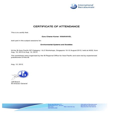 IBDP Certificate for the ESS Workshop Cat 1 & 2
