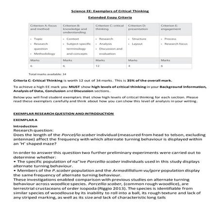 IBDP Science Extended Essay Exemplars of Critical Thinking