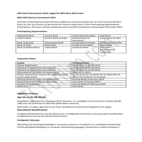 IBPS Clerk Recruitment 2013: Apply for IBPS Clerk 2013 Exam