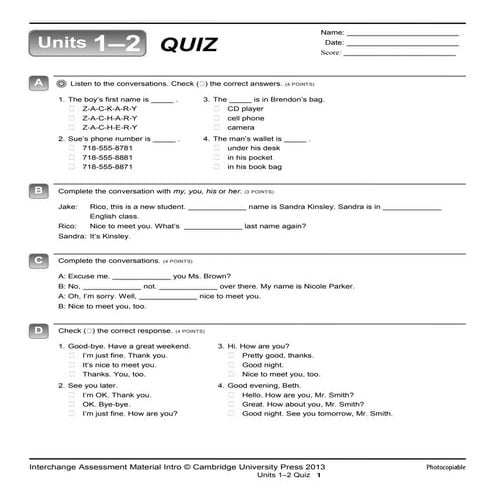Interchange Intro Achievement Test Units 1 & 2