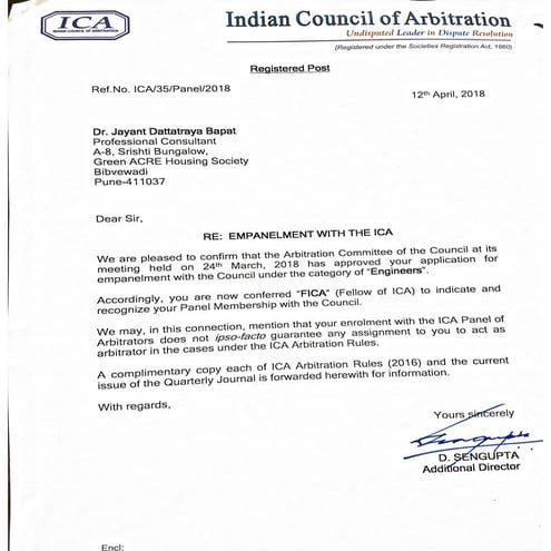 Dr J D Bapat_ICA Empanelment and Fellowship (FICA) 