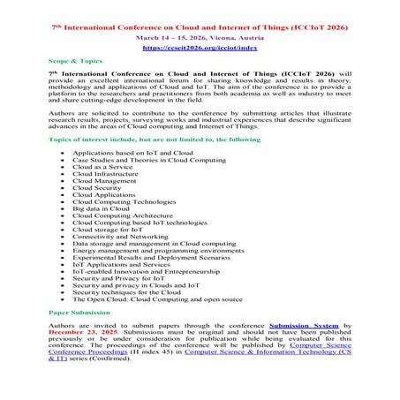 7th International Conference on Cloud and Internet of Things (ICCIoT 2026)
