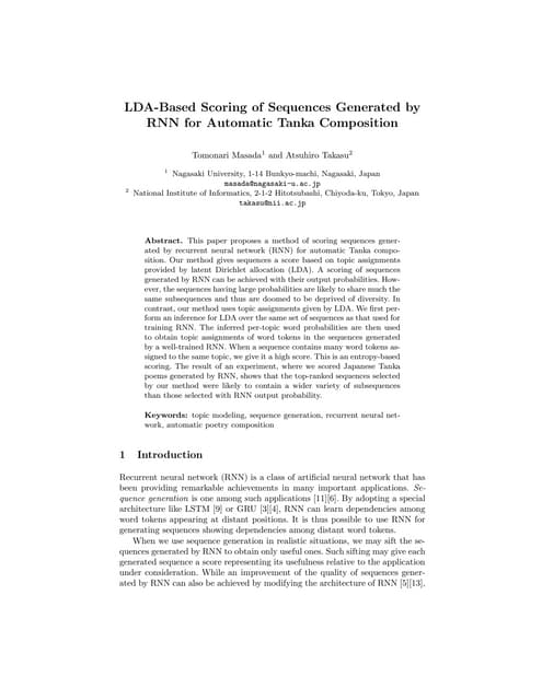 LDA-Based Scoring of Sequences Generated by RNN for Automatic Tanka Composition