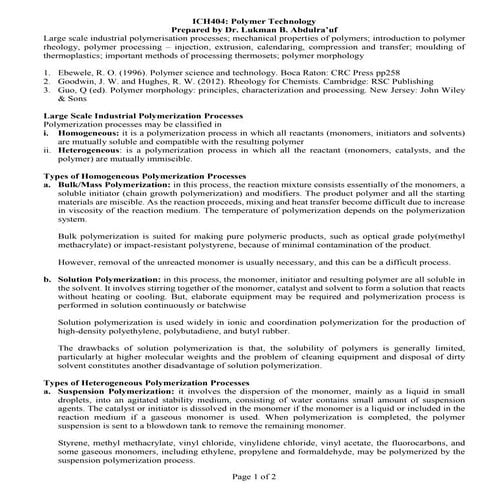 Large-scale Scale Industrial polymerization Processes