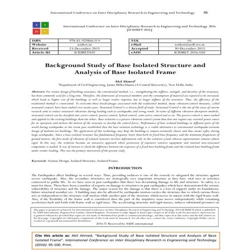 Background Study of Base Isolated Structure and Analysis of Base Isolated Frame