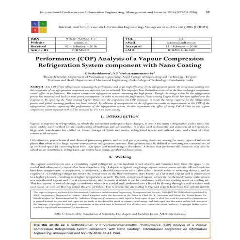 Performance (COP) Analysis of a Vapour Compression Refrigeration System compo...