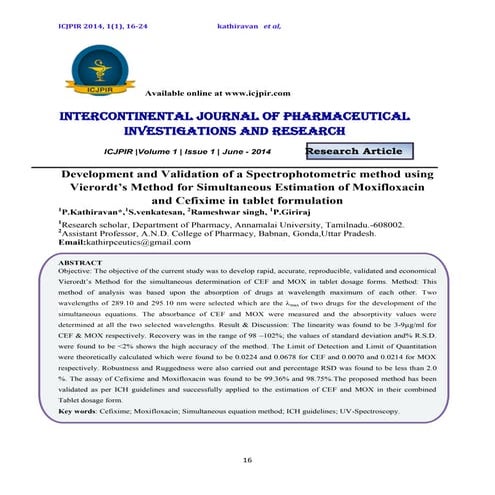 Development and Validation of a Spectrophotometric method using Vierordt’s Me...
