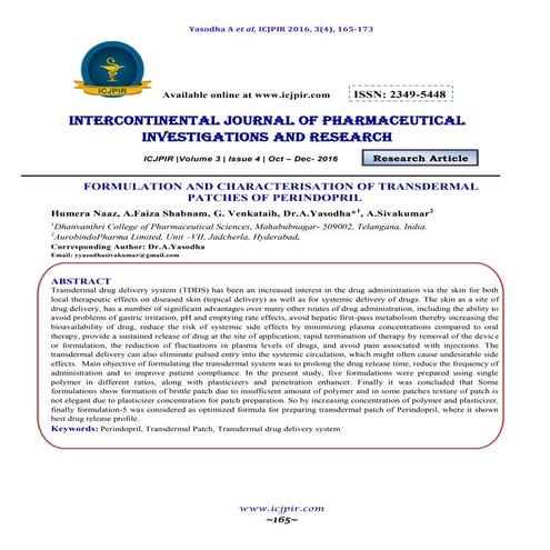 FORMULATION AND CHARACTERISATION OF TRANSDERMAL PATCHES OF PERINDOPRIL