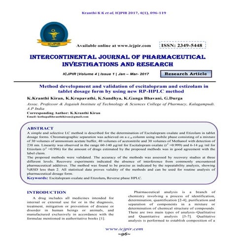 Method development and validation of escitalopram and estizolam in tablet dos...