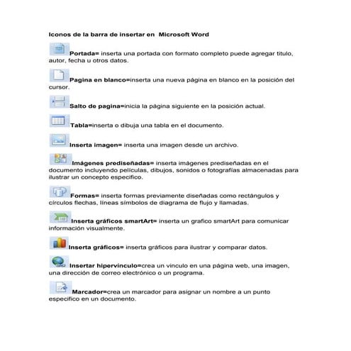 Iconos de la barra de insertar en  microsoft word