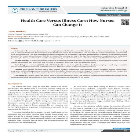 Crimson Publishers-Health Care Versus Illness Care: How Nurses Can Change It