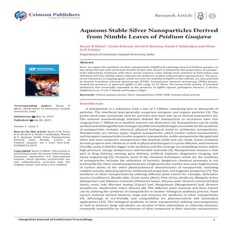 Aqueous Stable Silver Nanoparticles Derived from Nimble Leaves of Psidium Guajava