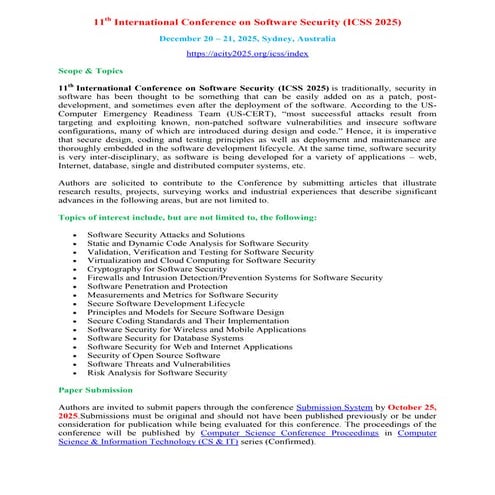 11th International Conference on Software Security (ICSS 2025)