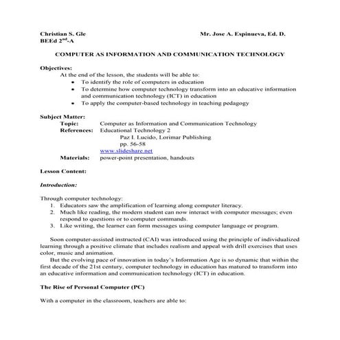 Computer as Information and Communication Technology