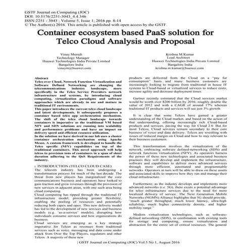 Container ecosystem based PaaS solution for Telco Cloud Analysis and Proposal