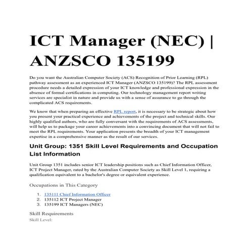 ICT Manager (NEC) ANZSCO 135199 | ACS RPL Writing Service | PDF