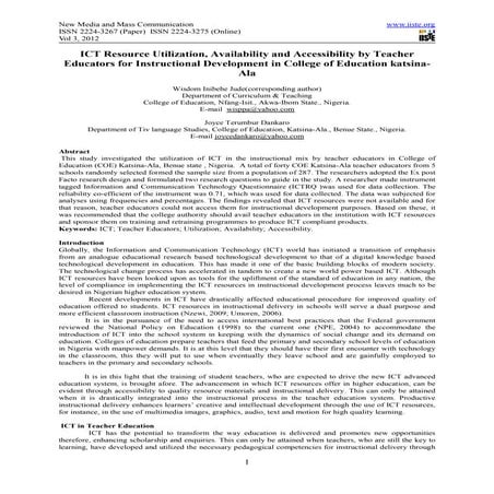 Ict resource utilization, availability and accessibility by teacher educators...