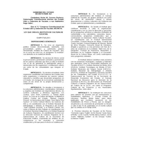 DECRETO NUM. 461. LEY QUE CREA EL INSTITUTO DE CULTURA DE YUCATÁN