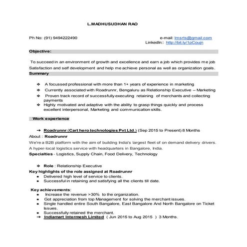 L Madhusudhan Rao resume