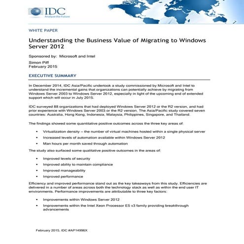 Understanding the Business Value of Migrating to Windows Server 2012