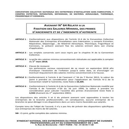 Idcc 1412 avenant 64 salaires anciennete astreinte