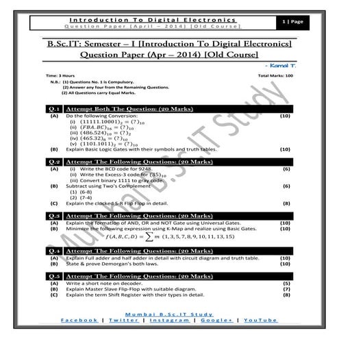 [Question Paper] Introduction To Digital Electronics (Old Course) [April / 2014]