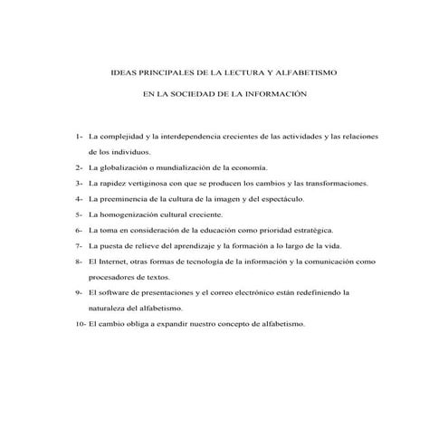 Ideas principales de la lectura y alfabetismo