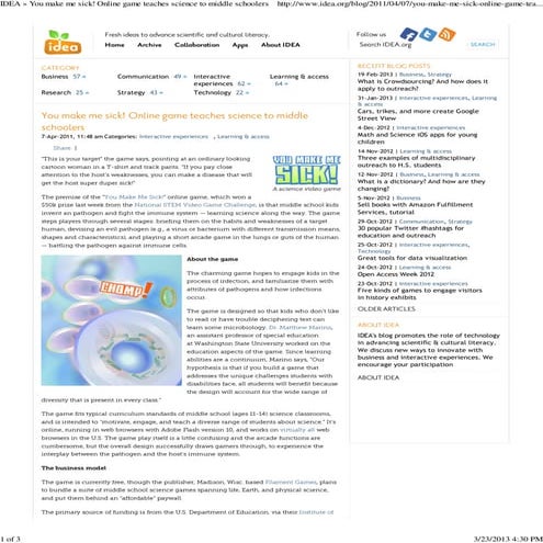 You Make Me Sick! Online game teaches science to middle schoolers