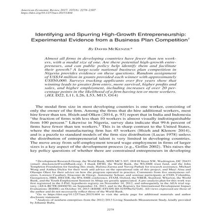 Identifying and spurring high growth entrepreneurship: Experimental evidence from a business plan competition