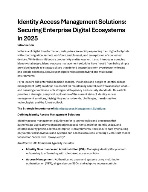 Identity Access Management Solutions: Securing Enterprise Digital Ecosystems in 2025