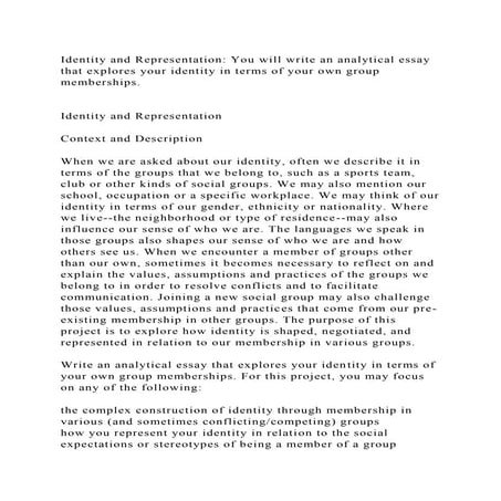 Identity and Representation You will write an analytical essay that.docx