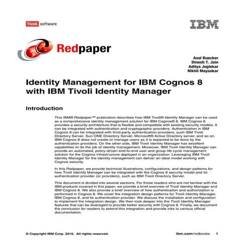 Identity management for ibm cognos 8 with ibm tivoli identity manager redp4643