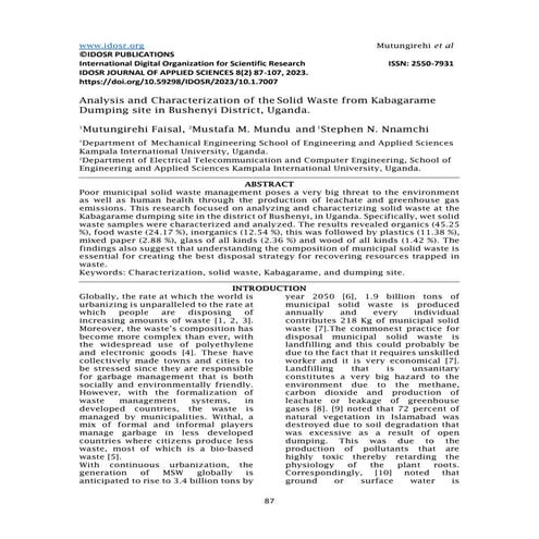  Analysis and Characterization of the Solid Waste from Kabagarame Dumping sit...
