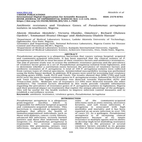 Antibiotic resistance and Virulence Genes of Pseudomonas aeruginosa ...
