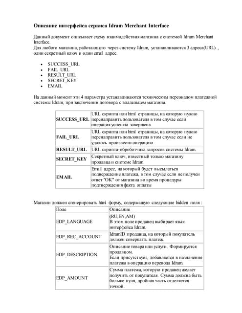 Описание интерфейса сервиса Idram Merchant Interface