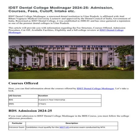 IDST Dental College Modinagar 2024-25 course