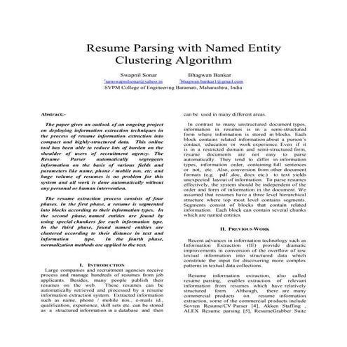 Resume Parsing with Named Entity Clustering Algorithm