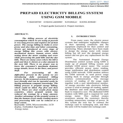 Ieeepro techno solutions   2013 ieee embedded project prepaid electricity bil...
