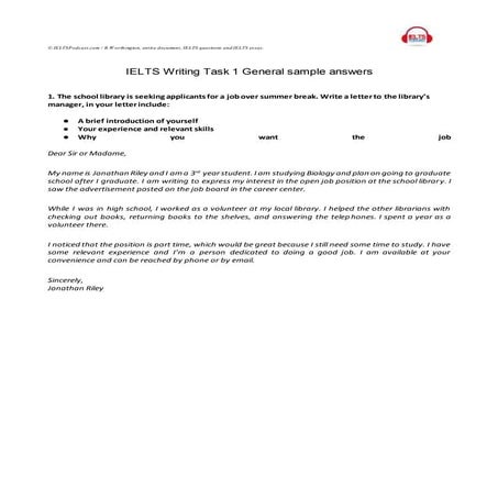 IELTS Writing Task 1 General Sample Answers