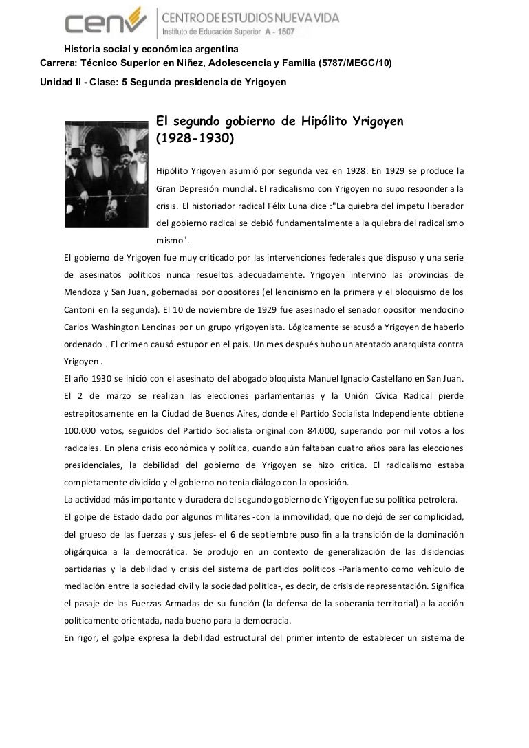 Iesa Clase 5 El Segundo Gobierno De Hipolito Yrigoyen 1928 1930