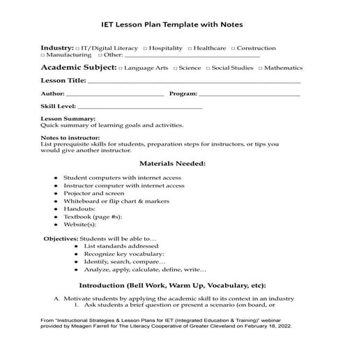 IET Lesson Plan Template With Notes