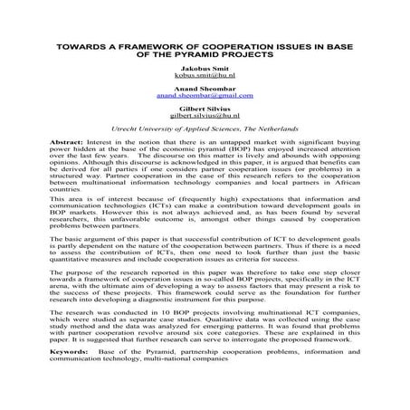 TOWARDS A FRAMEWORK OF COOPERATION ISSUES IN BASE OF THE PYRAMID PROJECTS